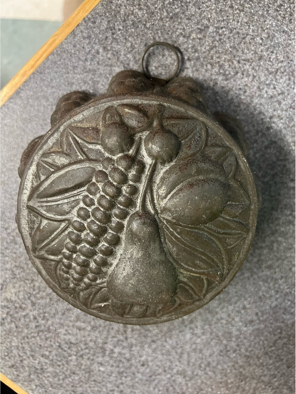 Antique GERMANY Aspic Mold Ring Corn Fruit Tin Jello Pudding w/ Hanging Ring